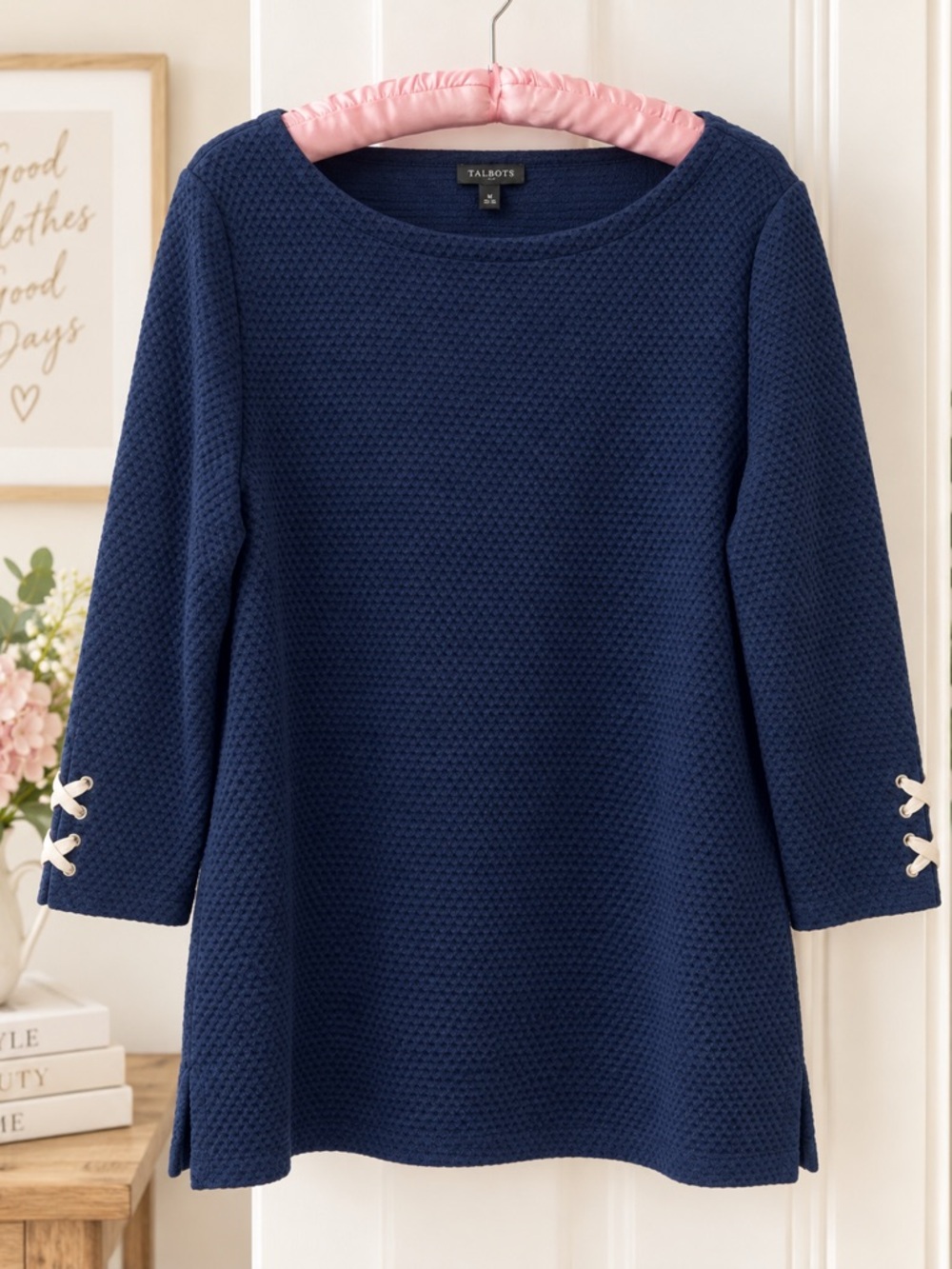 Talbots Navy Textured Knit Top Crisscross Cuff Detail Side Slits Size XL